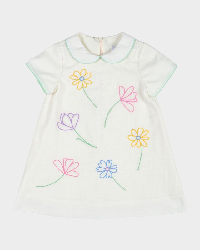 Girl's Linen Dress W/ Embroidered Flowers, Size 6M-18